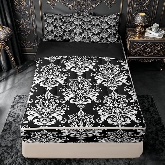jejeloiu Striking Damask Zipper Twin Comforter Sets with Fitted Sheet and 2 Pillowcases,Contrasting Retro Zipper Bedding Set For Adults,Black White,Black Reversible,4 Pieces