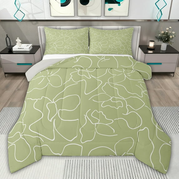 jejeloiu Stripe Line Geometric Queen Comforter Set,Green White Bedding Comforter Set For Girls Kids Reversible 3pcs