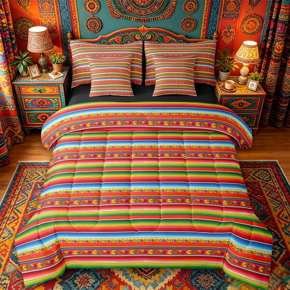 jejeloiu Striped Fiesta 7pcs Queen Bedding For Men Women,Serape Pattern Bedding Comforter Set Queen,Red Green,Black Reversible