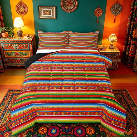 jejeloiu Striped Fiesta King Size Comforter Sets For Men Women,Serape Pattern Comforters King Size,Red Green,Black Reversible,3pcs,1 Comforter and 2 Pillowcases