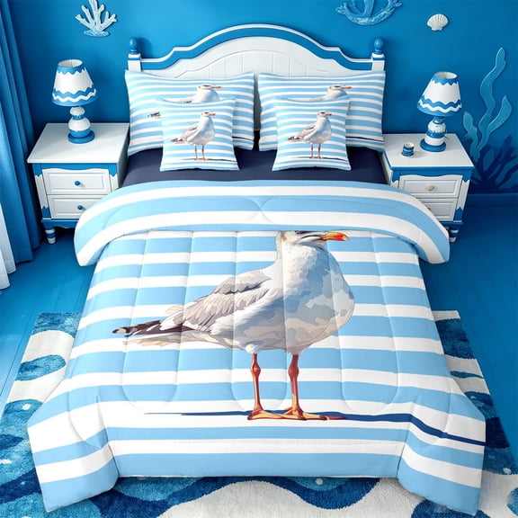 jejeloiu Striped Seagull 7-Piece Twin Bedding Sets Kids,Nautical Print Bedding Comforter Set,Reversible