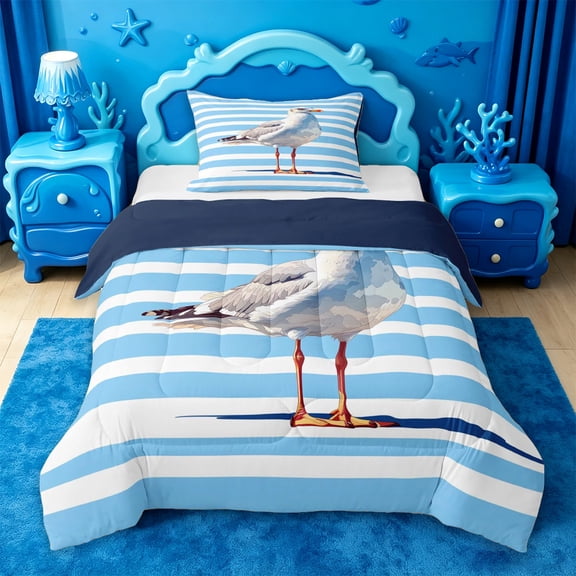jejeloiu Striped Seagull Twin Comforter Sets Kids,Nautical Print Bedding Set,Reversible,2pcs
