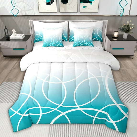 jejeloiu Stripes Lines Circle 7-Piece Twin Bedding Sets,Cyan White Bedding Comforter Set For Teens Kids Reversible