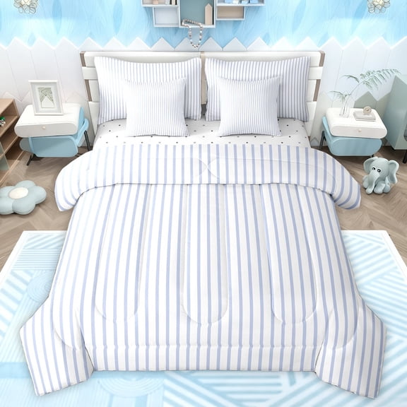 jejeloiu Stripes Lines Geometric 7-Piece Bedding Comforter Set,Modern Abstract Art King Bedding Sets,Blue White Bed Sheets For Adults,Ultra Soft Home Decor Reversible