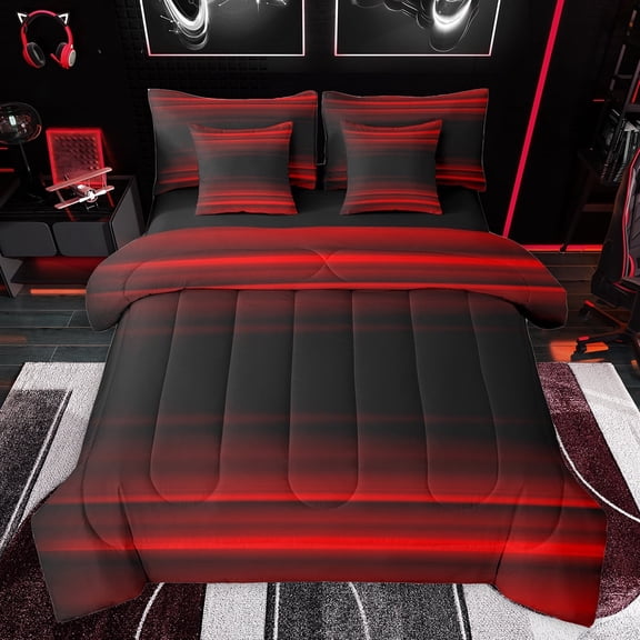 jejeloiu Stripes Lines Geometric 7 Pieces Bedding Comforter Set,Noen Stripes Full Bedding Set,Red Black Fitted Sheet Flat Sheet For Adults,Ultra Soft Home Decor Reversible