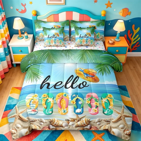 jejeloiu Summer Beach 7-Piece Twin Bedding,Flip Flop Pattern Bedding Comforter Set For Boys,Multicolor,Colorful Stars Reversible