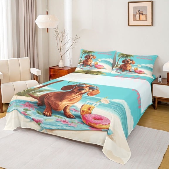 jejeloiu Summer Dachshund Bed Sheets,Beach Dessert Pattern Full Size Sheets For Boys,Teal White,4pcs,1 Flat Sheet, 1 Fitted Sheet and 2 Pillowcases