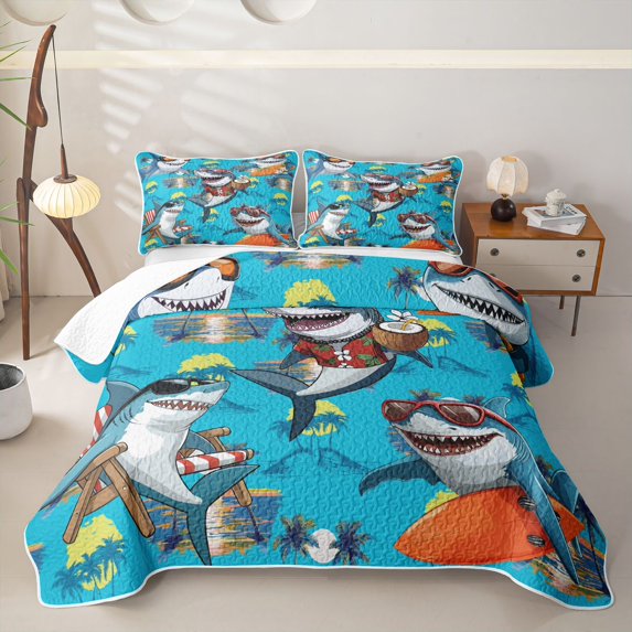 jejeloiu Summer Party Shark Twin Quilt Set,Beach Chair Coconut Print Twin Coverlet Set For Boys,Bright Blue,2 Pieces