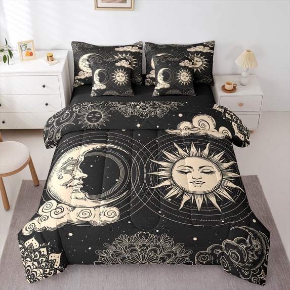 jejeloiu Sun And Moon Bedding Comforter Set 7 Pieces,Boho Bohemain Print Full Bedding Set,Black Beige Fitted Sheet Flat Sheet For Child,Super Cozy Room Decor Reversible