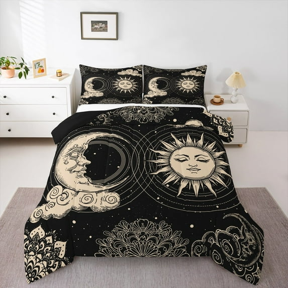 jejeloiu Sun And Moon Full Size Comforter Sets,Boho Bohemain Print Bedding Comforter Set,Black Beige Bedding Sets For Child,Super Cozy Room Decor Reversible,3-Piece