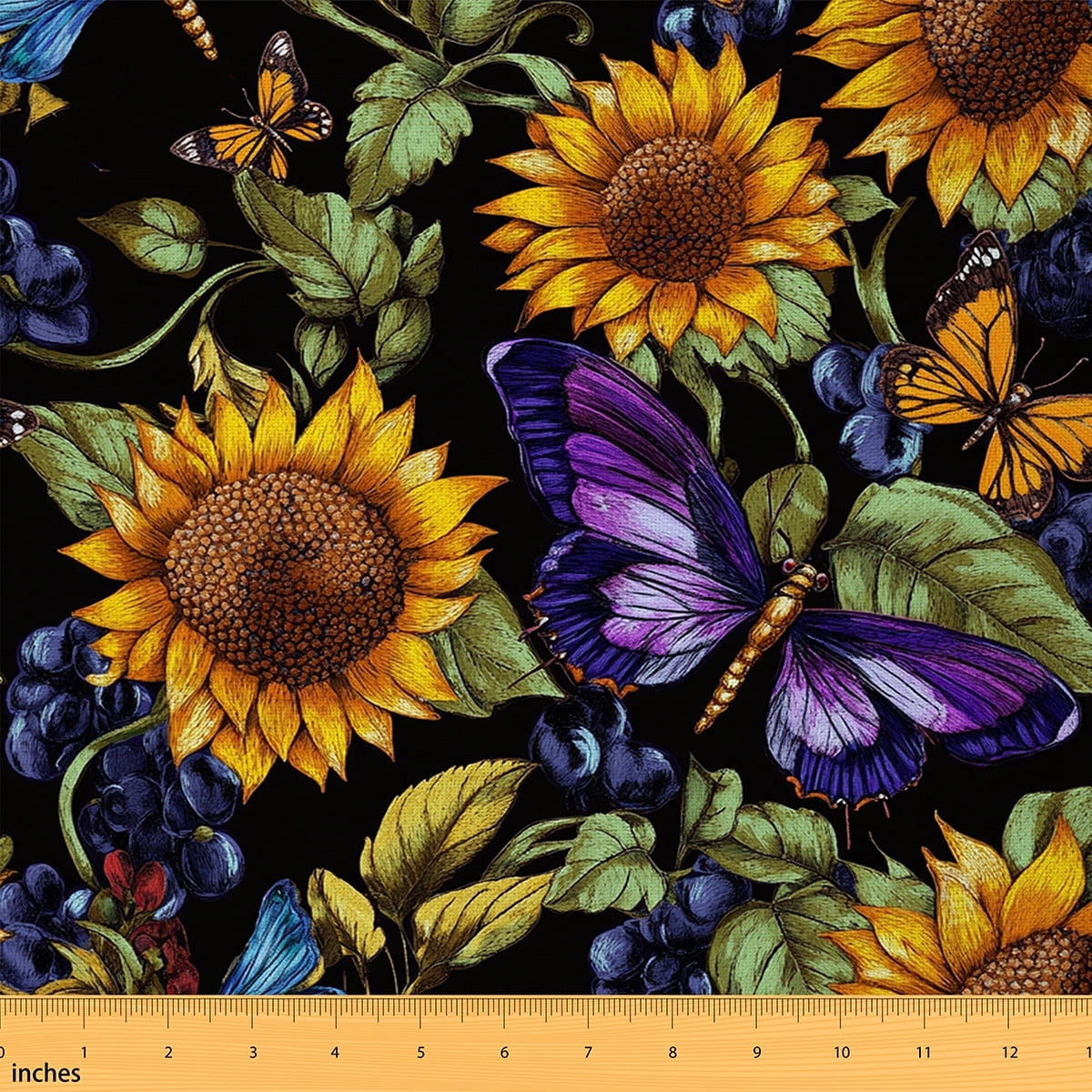 jejeloiu Sunflower Butterfly Fabric by the Yard 1 Yard,Chic Flower Floral Home Decor Fabric by the Yard,Orange Green Purple Sewing Fabric For Girls Boys,Breathable Home Decor