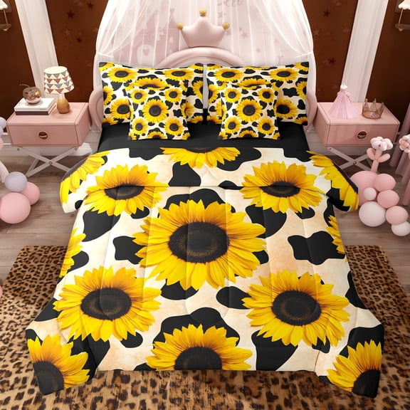jejeloiu Sunflower Floral Blossom 7pcs Bedding Comforter Set,Milk Cow Pattern Queen Bedding Sets For Kids Reversible