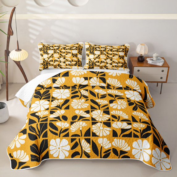 jejeloiu Sunny Floral Twin Quilt Set For Girls,Vibrant Pattern Twin Coverlet Set,Yellow Black,2pcs