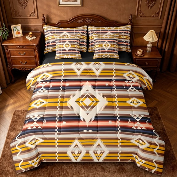 jejeloiu Sunset Aztec 7-Piece King Bedding For Men Women,Geometric Print King Bed in a Bag,Brown Yellow,Black Reversible