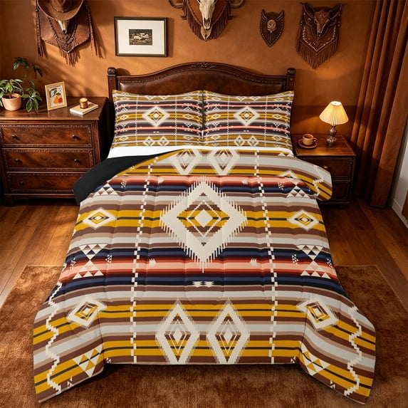 jejeloiu Sunset Aztec Queen Comforter Set For Men Women,Geometric Print Comforter Sets Queen,Brown Yellow,Black Reversible,3-Piece,1 Comforter and 2 Pillowcases
