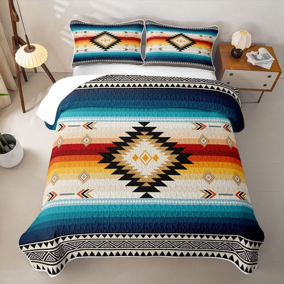 jejeloiu Sunset Aztec Quilt King For Men Women,Geometric Print King Coverlet Set,Orange Blue,3pcs
