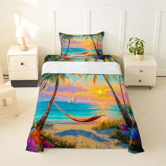 jejeloiu Sunset Beach Hammock Twin Sheets For Girls,Palm Tree Pattern Bedding,Multicolor,3 Pieces,1 Fitted Sheet and 1 Pillowcase