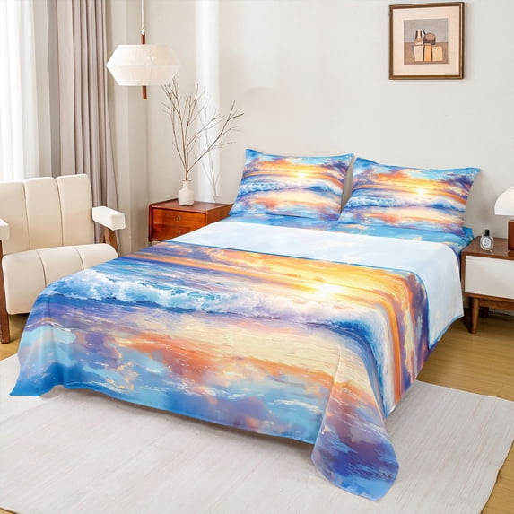 jejeloiu Sunset Beach Wave Bed Sheets,Colorful Sky Full Size Sheets For Boys,Orange Blue,4 Pieces,1 Flat Sheet, 1 Fitted Sheet and 2 Pillowcases