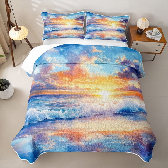 jejeloiu Sunset Beach Wave Quilt Full,Colorful Sky Full Bedspread Sets For Boys,Orange Blue,3-Piece