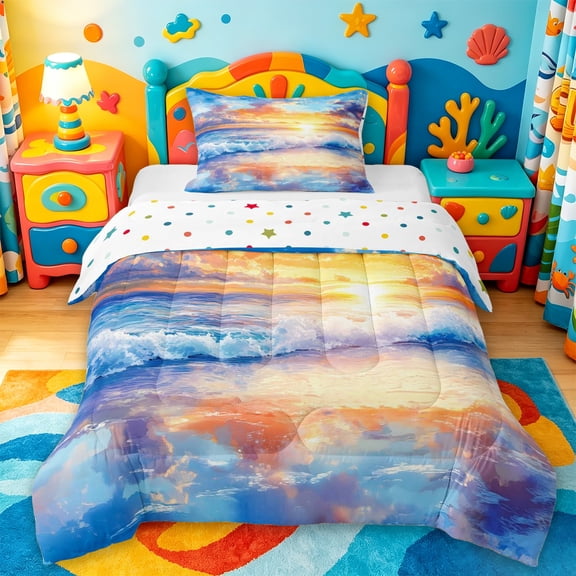 jejeloiu Sunset Beach Wave Twin Comforter Sets,Colorful Sky Bedding Set For Boys,Orange Blue,Polkadot Reversible,2-Piece,1 Comforter and 1 Pillowcase
