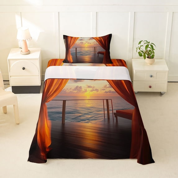 jejeloiu Sunset Ocean Twin Sheets,Hawaii Sea Holiday Bedding For Boys,Orange Black,3 Pieces,1 Fitted Sheet and 1 Pillowcase