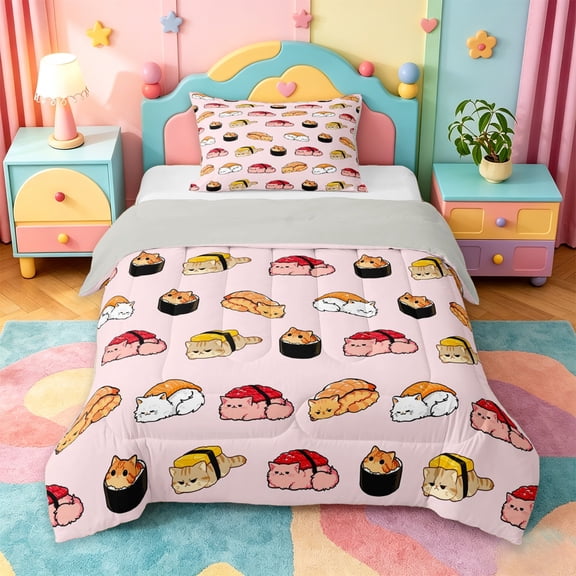 jejeloiu Sushi Cat Pattern Twin Comforter Sets Kids,Cute Kitten Food Print Bedding Set,Reversible,2pcs
