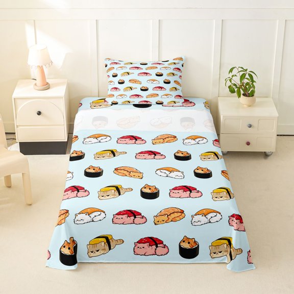 jejeloiu Sushi Cat Print Twin Sheet Sets Kids,Cute Food Pattern Bedding,3-Piece