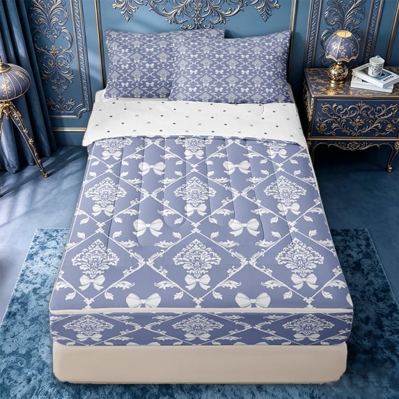 jejeloiu Sweet Bow Zipper Twin Comforter Sets with Fitted Sheet and 2 Pillowcases For Men Women,Delicate Pattern Zipper Bedding Set,Light Blue White,Reversible,4-Piece