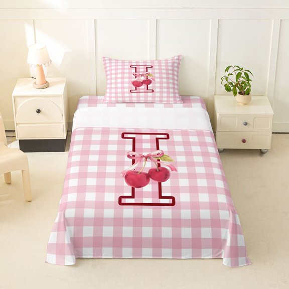 jejeloiu Sweet Cherry Monogram I Twin Sheet Sets For Girls,Modern Abstract Grid Pattern Bedding For Kids,3-Piece