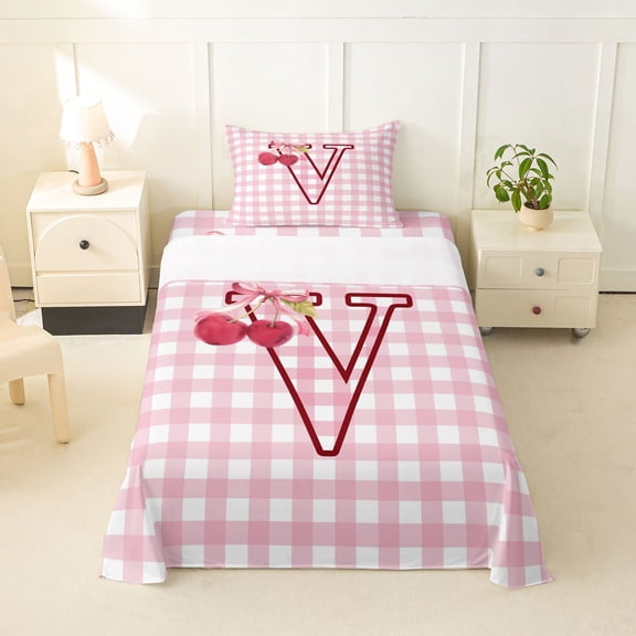 jejeloiu Sweet Cherry Monogram V Twin Sheet Sets For Girls,Modern Abstract Grid Pattern Bedding For Kids,3 Pieces