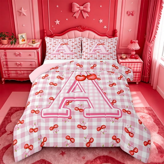 Catabedysis Sweet Cherry Print A Full Size Comforter Sets For Girls,Personalized Monogrammed Gifts Bedding Comforter Set,Pink Reversible,3-Piece,1 Comforter and 2 Pillowcases