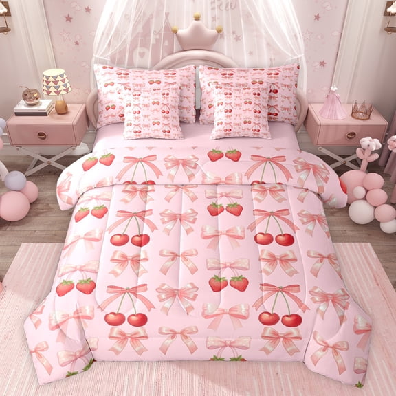 jejeloiu Sweet Cherry Strawberry 7-Piece Twin Bedding Sets,Cute Cartoon Bowknot Bedding Comforter Set,Pink Bowtie Bow Sheet Sets For Girl,Super Cozy Room Decor Reversible