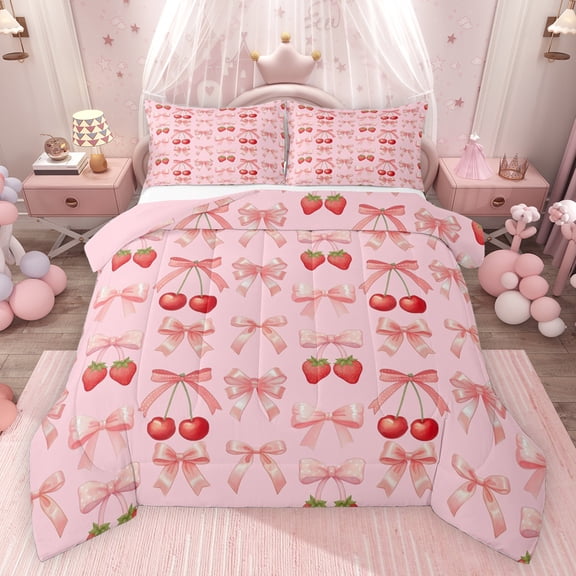 jejeloiu Sweet Cherry Strawberry Bedding Comforter Set,Cute Cartoon Bowknot Twin Comforter Sets,Pink Bowtie Bow Bedding Set For Girl,Super Cozy Room Decor Reversible,2-Piece