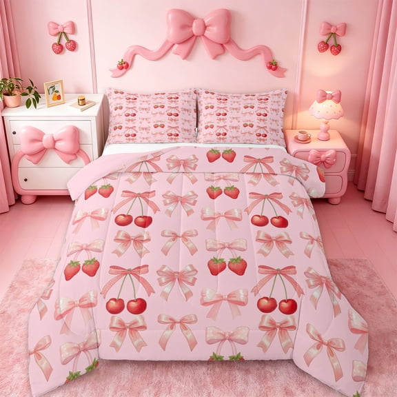 jejeloiu Sweet Cherry Strawberry Queen Comforter Set,Cute Cartoon Bowknot Bedding Sets,Pink Bowtie Bow Bedding Comforter Set For Girl,Super Cozy Room Decor Reversible,3pcs