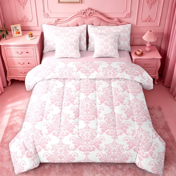 jejeloiu Sweet Damask 7 Pieces Full Size Bedding Sets For Girls,Charming Floral Full Size Bed in a Bag,Pink White,Pink Reversible