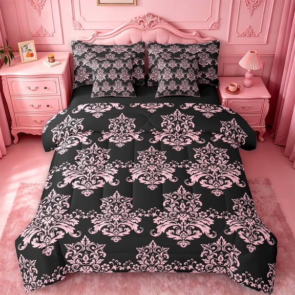jejeloiu Sweet Damask 7 Pieces Full Size Bedding Sets For Girls,Soft Floral Full Size Bed in a Bag,Pink Black,Black Reversible