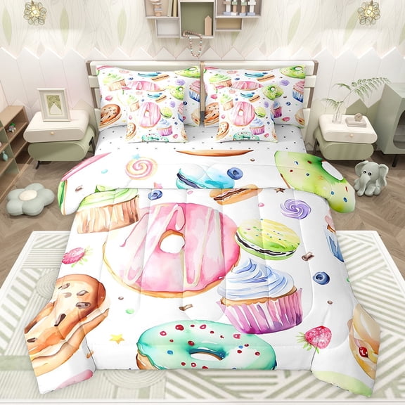 jejeloiu Sweet Doughnut 7-Piece Bedding Comforter Set,Colorful Dessert Theme King Bedding Sets,3D Cake Ice Cream Bed Sheets For Girls Kids,Microfiber Bedroom Decor Reversible