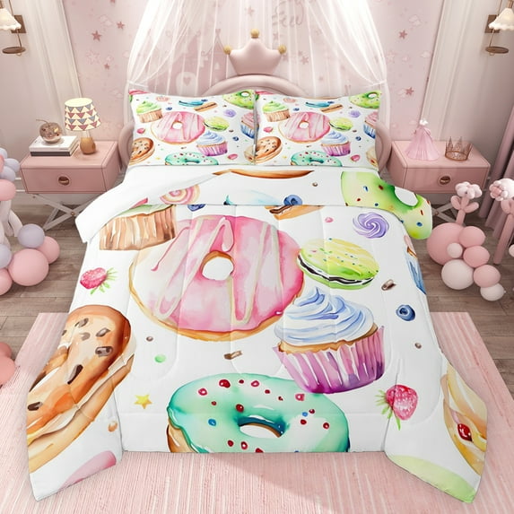 jejeloiu Sweet Doughnut Queen Comforter Set,Colorful Dessert Theme Bedding Sets,3D Cake Ice Cream Bedding Comforter Set For Girls Kids,Microfiber Bedroom Decor,3pcs