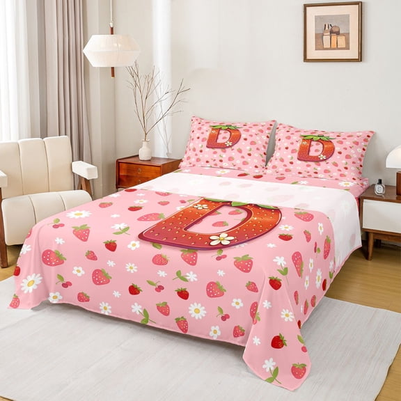 jejeloiu Sweet Fruit Initial D Bed Sheets For Girls,Strawberry Daisy Monogrammed King Sheets,4pcs