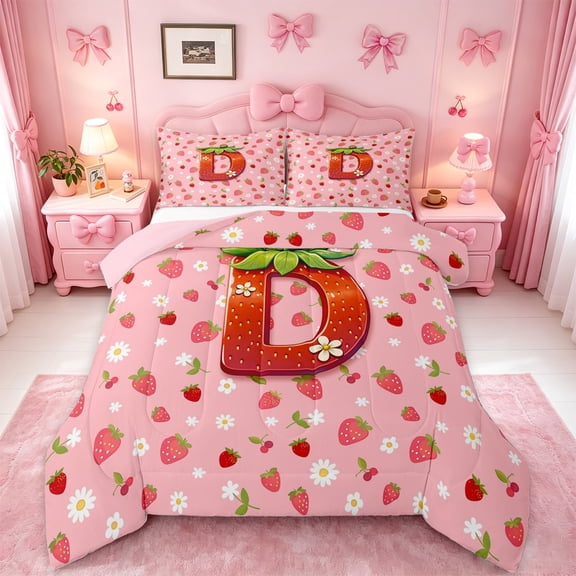 jejeloiu Sweet Fruit Initial D Full Size Comforter Sets For Girls,Strawberry Daisy Monogrammed Bedding Sets,Pink Reversible,3 Pieces