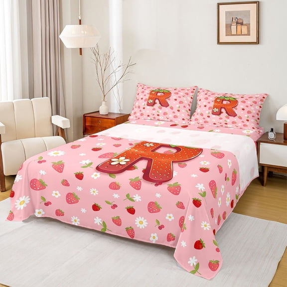 jejeloiu Sweet Fruit Initial R Full Size Sheets For Girls,Strawberry Daisy Monogrammed Bed Sheets,4pcs