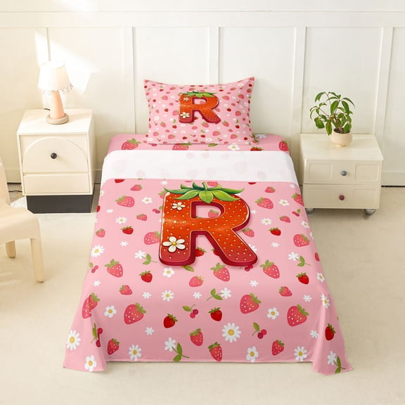 jejeloiu Sweet Fruit Initial R Twin Sheet Sets For Girls,Strawberry Daisy Monogrammed Bedding,3 Pieces