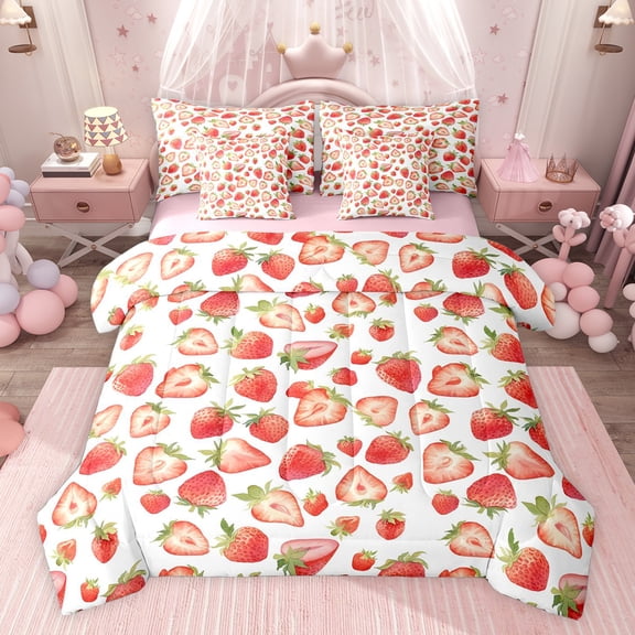 jejeloiu Sweet Kawaii Strawberry 7-Piece Bedding Comforter Set,Red Winter Fruit King Bedding Sets For Kids Reversible