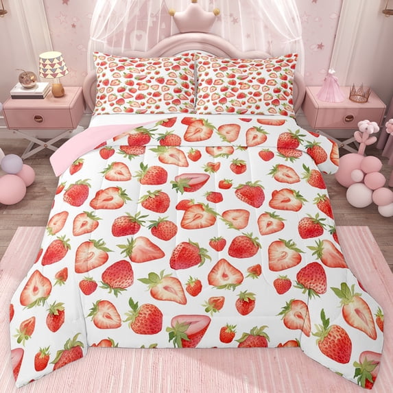 jejeloiu Sweet Kawaii Strawberry Twin Comforter Sets,Red Winter Fruit Bedding Set For Kids Reversible 2pcs