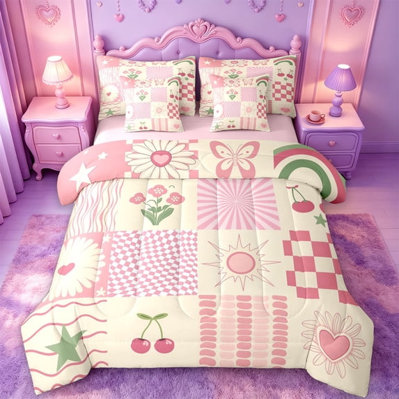 jejeloiu Sweet Patchwork 7-Piece Twin Bedding For Girls,Checker Print Bedding Comforter Set,Pink Cream,Pink Reversible