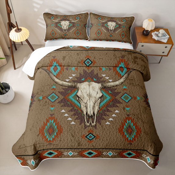 jejeloiu Tan Aztec Bull Skull Quilt King Kids,Tribal Geometric Print King Coverlet SetFor Men,3 Pieces