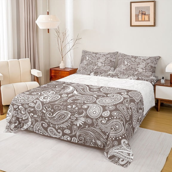jejeloiu Taupe Paisley Queen Sheets,Simple Print Queen Sheet Sets For Adults,Brown White,4-Piece,1 Flat Sheet, 1 Fitted Sheet and 2 Pillowcases