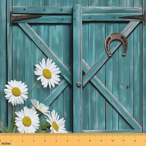 jejeloiu Teal Barn Door Fabric by the Yard 1 Yard, Rustic Farmhouse Lodge Cabin Sewing Fabric, Chic Daisy Room Decor Fabric by the Yard, Microfiber Bedroom Decor