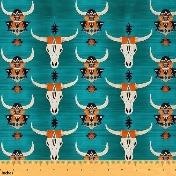 jejeloiu Teal Beige Aesthetic Fabric by the Yard 1 Yard, Rustic Farmhouse Home Decor Fabric by the Yard, Cow Skull Aztec Room Decor Fabric by the Yard