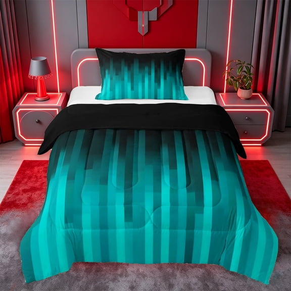 jejeloiu Teal Black Gradient Art Twin Comforter Sets For Kids,Modern Abstract Geometric Print Bedding Set For Boy,Reversible,2pcs